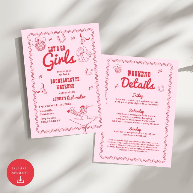 Let's Go Girls Cowgirl Pink and Red Bachelorette  Invitation (Creator Uploaded)