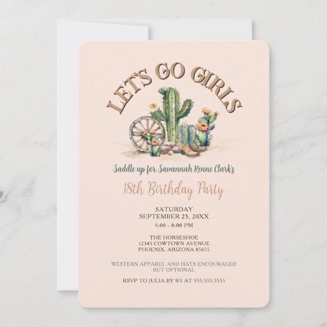 Lets Go Girls Cowgirl Western Cactus Birthday Invitation (Front)