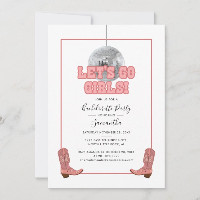 Lets Go Girls Disco Cowgirl Bachelorette Party Invitation (Front)