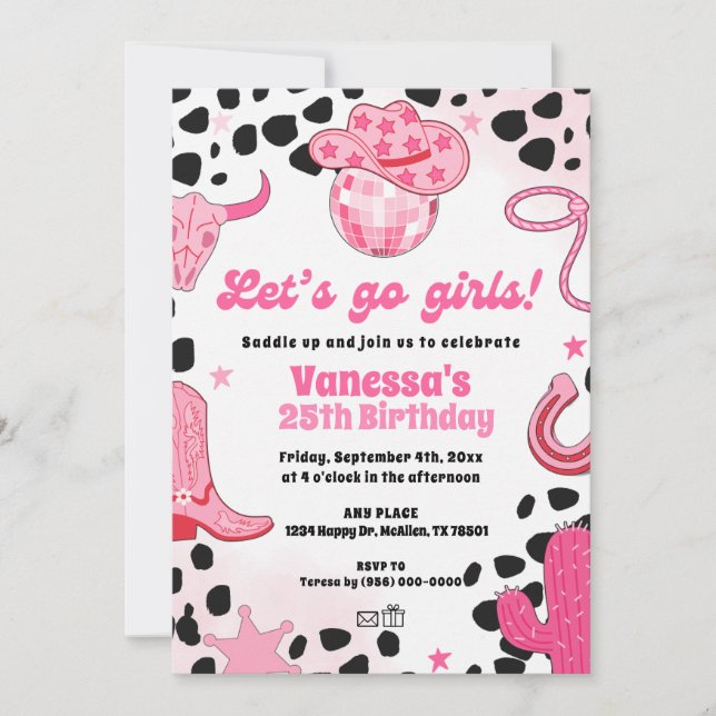 Let's go girls disco cowgirl space rodeo birthday invitation (Front)