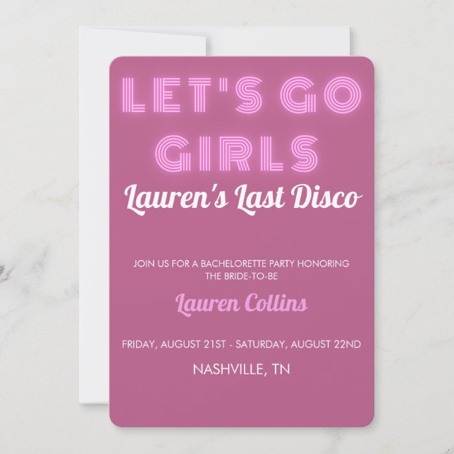"Let's Go Girls" Pink Bachelorette Invitation   (Front)