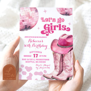 Let's Go Girls Pink Space Disco Cowgirl Birthday Invitation
