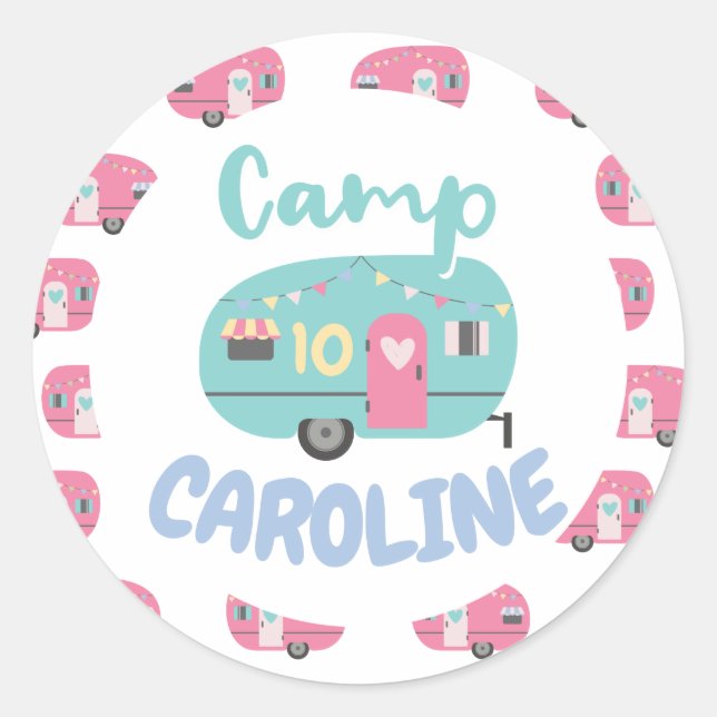 Let's Go Glamping Girly Any Age Birthday Party Classic Round Sticker (Front)