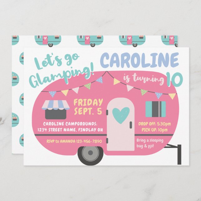 Let's Go Glamping Girly Any Age Birthday Party Invitation (Front/Back)
