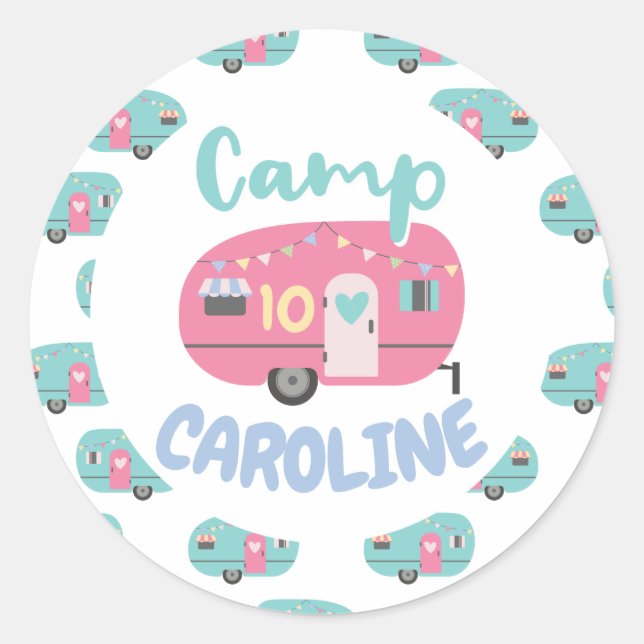 Let's Go Glamping Girly Camp Name Birthday Party Classic Round Sticker (Front)