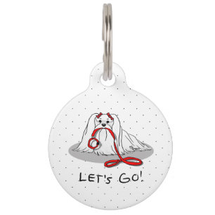 Let's Go! Maltese Dog with Red Leash - Cute Pet Tag