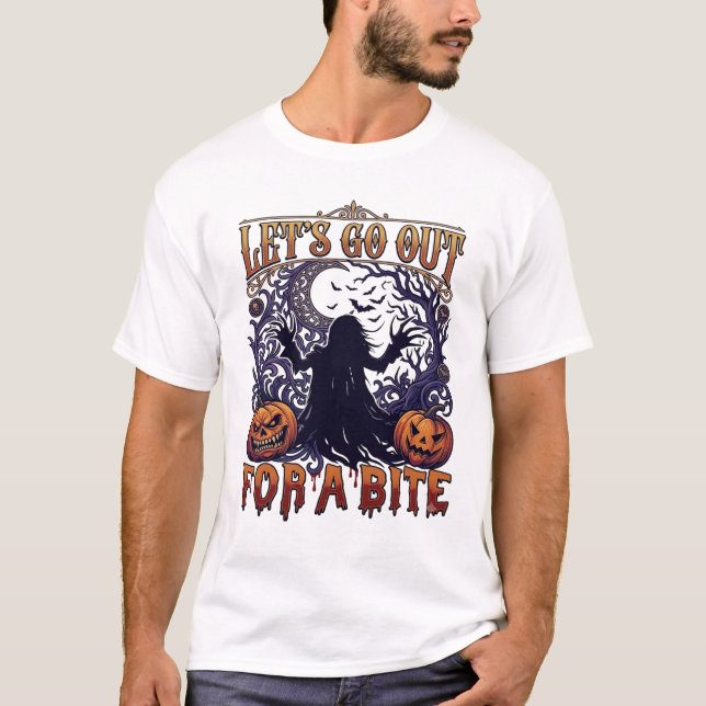 Lets Go Out Bite Ghost Pumpkins Bats Moon T-Shirt (Front)