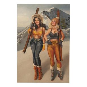 "Let's Go Skiing" Pretty, Retro Pinup Girls Wood Wall Art