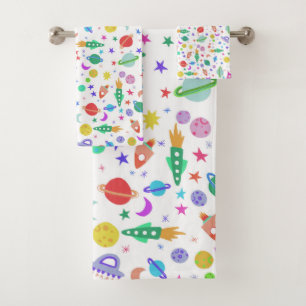 Let's Go to Space White Pattern UFO Bath Towel Set