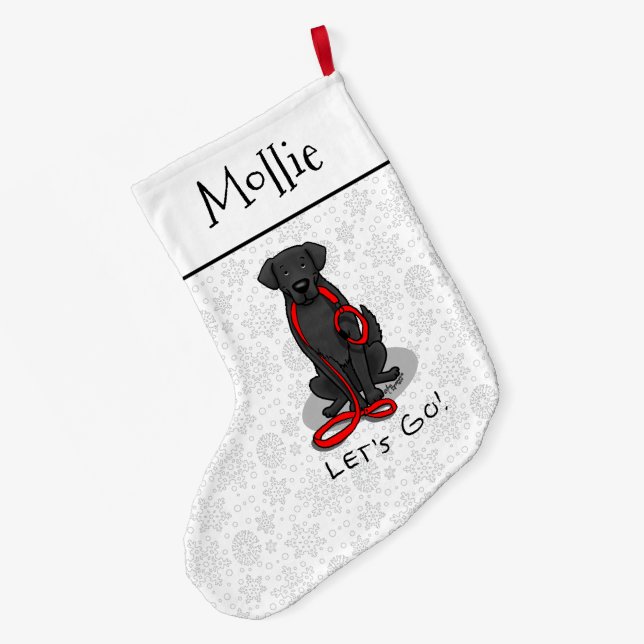 Let's Go! Walk Flat-Coated Retriever Dog (black) Large Christmas Stocking (Back (Hanging))