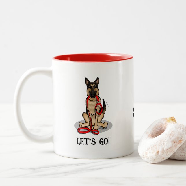 Let's Go! Walk German Shepherd Dog (black tan) Two-Tone Coffee Mug (With Donut)