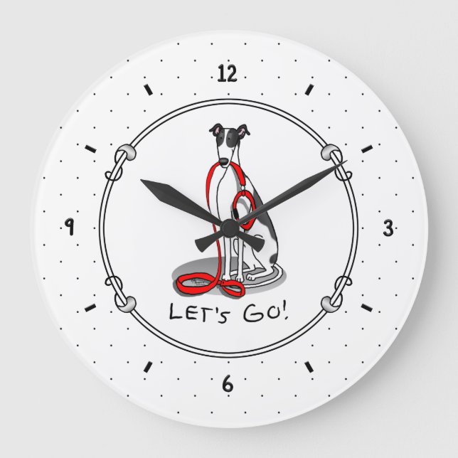 Let's Go! (walk) Greyhound Dog (black white) Funny Large Clock (Front)