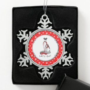 Let's Go! (walk) Greyhound Dog (black white) Funny Snowflake Pewter Christmas Ornament
