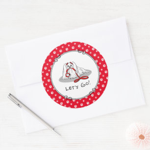 Let's Go! (walk) Maltese Dog with Red Leash Cute F Classic Round Sticker