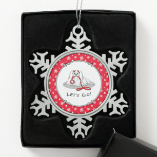 Let's Go! (walk) Maltese Dog with Red Leash Cute F Snowflake Pewter Christmas Ornament