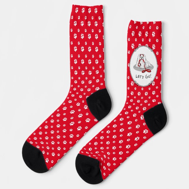 Let's Go! (walk) Maltese Dog with Red Leash Cute Socks (Left)