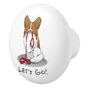 Let's Go! (walk) Papillon (white & red) Dog Cute Ceramic Knob