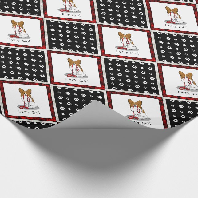 Let's Go! (walk) Papillon (white & red) Dog Cute Wrapping Paper (Corner)