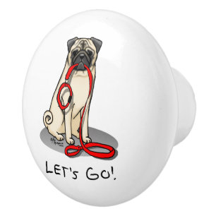 Let's Go! (walk) Pug Dog (light fawn) Leash Cute Ceramic Knob