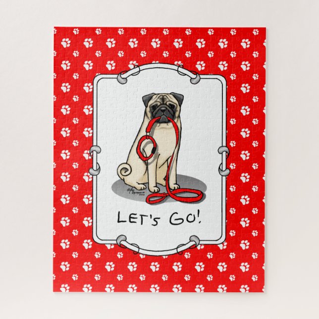 Let's Go! (walk) Pug Dog (light fawn) Leash Cute Jigsaw Puzzle (Vertical)