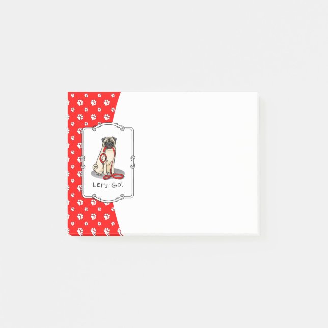 Let's Go! (walk) Pug Dog (light fawn) Leash Cute Post-it Notes (Front)