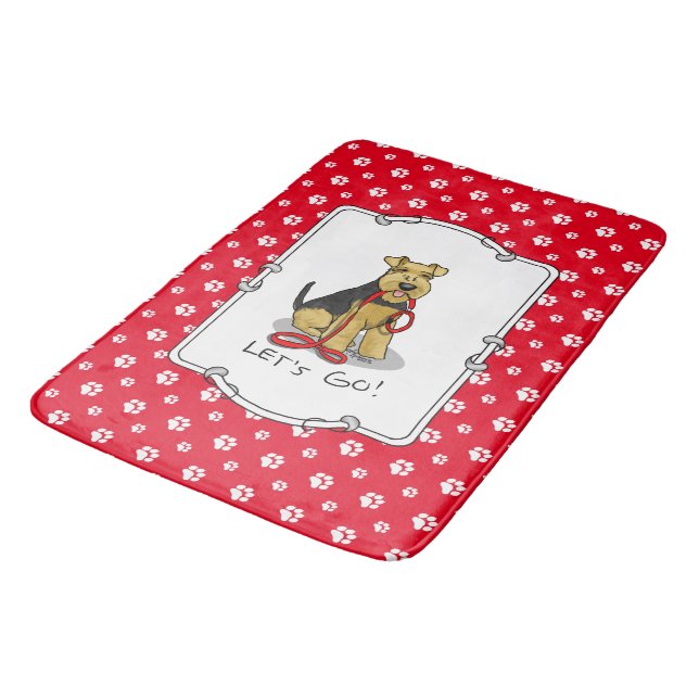 Let's Go! Welsh Terrier Dog with red leash Funny Bath Mat (Angled)