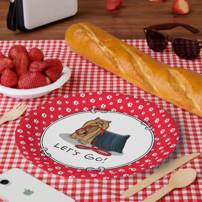 Let's Go! Yorkshire Terrier (Yorkie) Dog w Leash Paper Plate (Picnic)