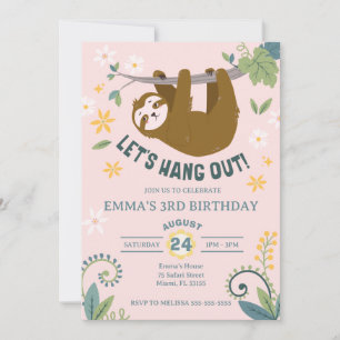 Let's Hang Out Jungle Sloth Pink Birthday Invitation