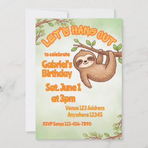 Let's Hang Out Kawaii Sloth Birthday Invitation