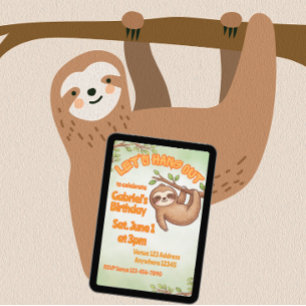 Let's Hang Out Kawaii Sloth Birthday Invitation