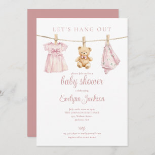 Lets Hang Out Pink Girl Clothesline Baby Shower Invitation