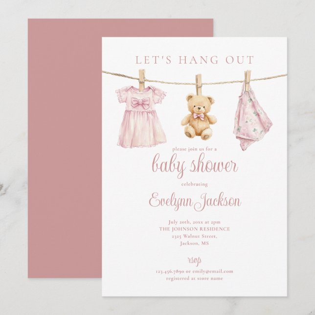 Lets Hang Out Pink Girl Clothesline Baby Shower Invitation (Front/Back)