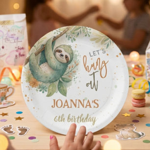 Let's hang out sloth kids birthday paper plate