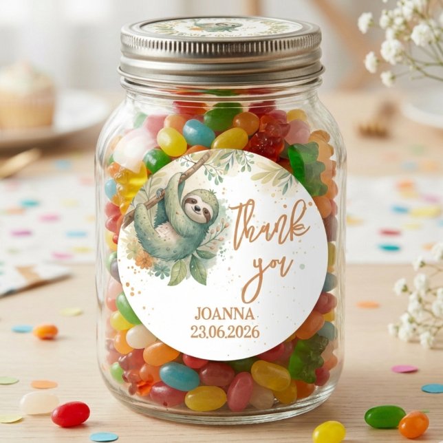 Let's hang out sloth kids thank you birthday classic round sticker (Creator Uploaded)