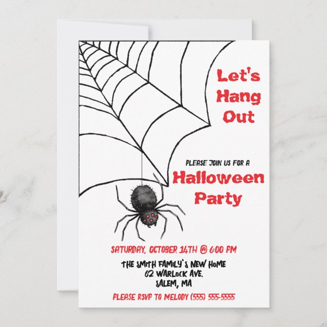 Let's Hang Out, Spider, Spiderweb Halloween Party Invitation (Front)