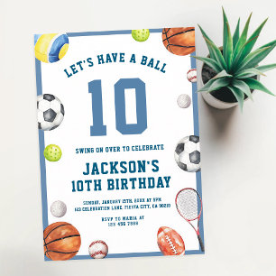 Let's Have a Ball 10th Birthday Sports Invitation