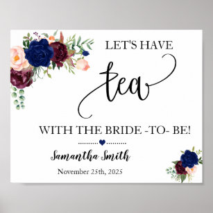 Lets have tea with bride navy floral bridal shower poster