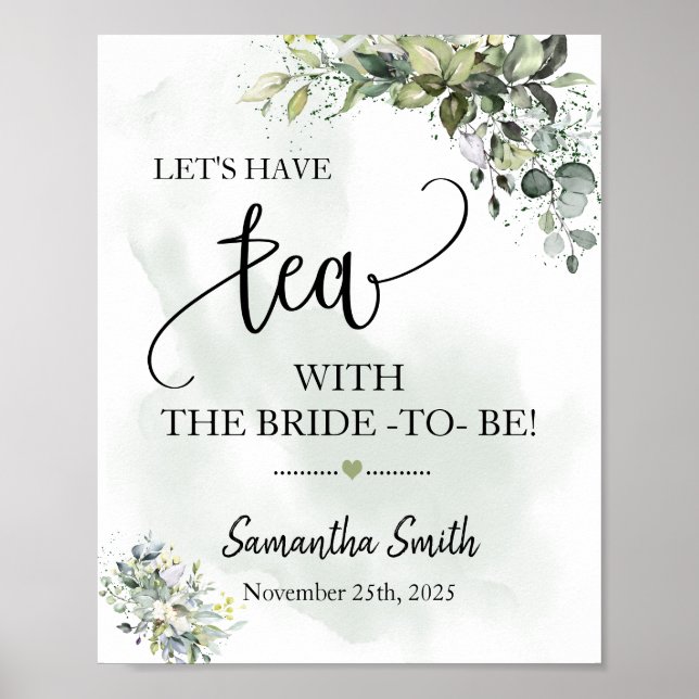 Let's have tea with bride to be eucalyptus wedding poster (Front)