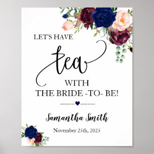 Let's have tea with bride to be navy boho wedding poster