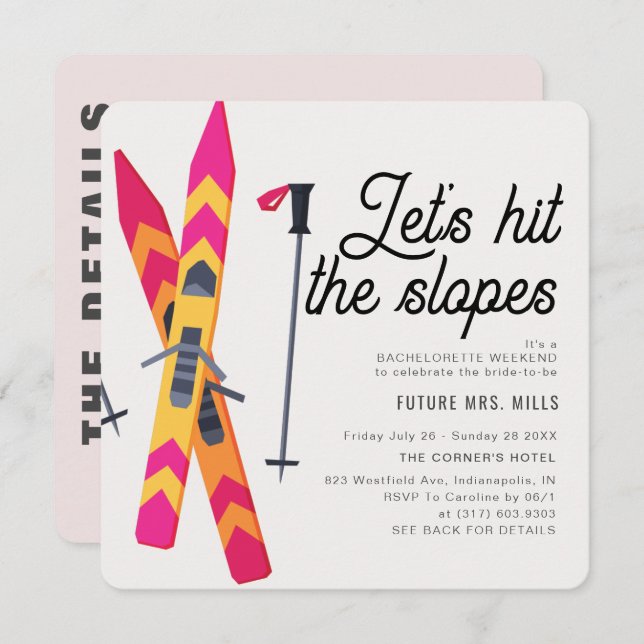 Let's Hit The Slopes Winter Ski Bachelorette Party Invitation (Front/Back)