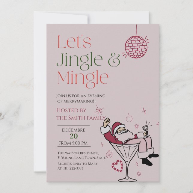 Let's Jingle and Mingle,  Santa Cocktail Party Invitation (Front)