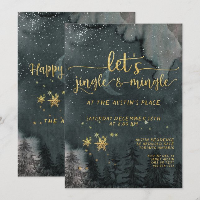 Let's Jingle & Mingle Gold Woodland Holiday Party Invitation (Front/Back)
