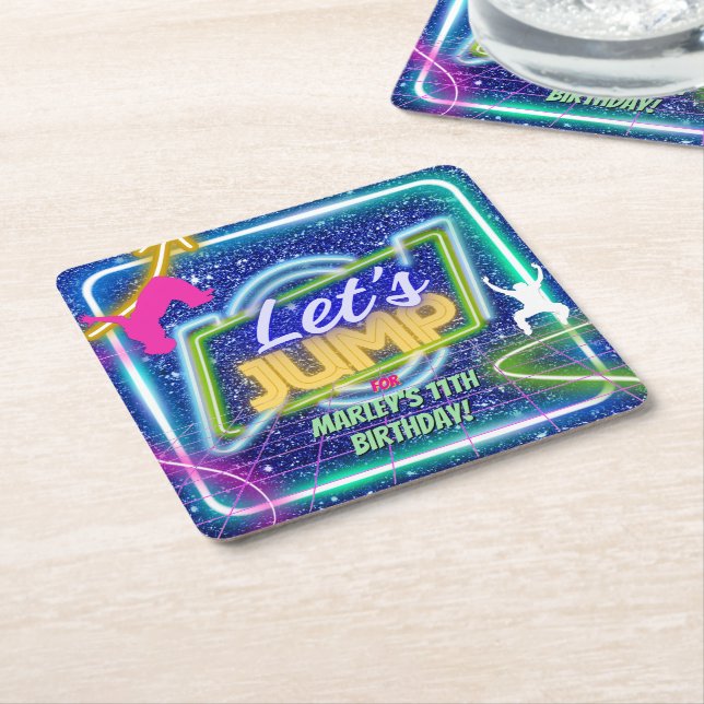 Let's Jump Party Bounce Neon Trampoline Park  Square Paper Coaster (Angled)