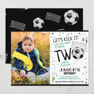 Let's Kick It Black Soccer Photo 2nd Birthday Invitation