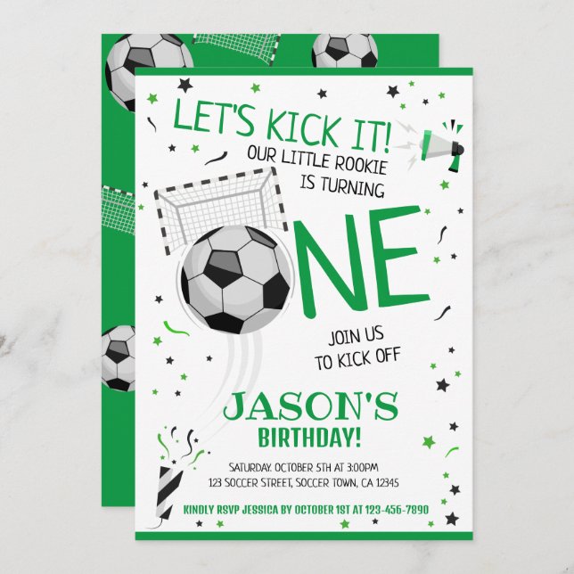 Let's Kick It Green Rookie Soccer 1st Birthday Invitation (Front/Back)