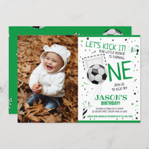 Let's Kick It Green Soccer Photo 1st Birthday Invitation