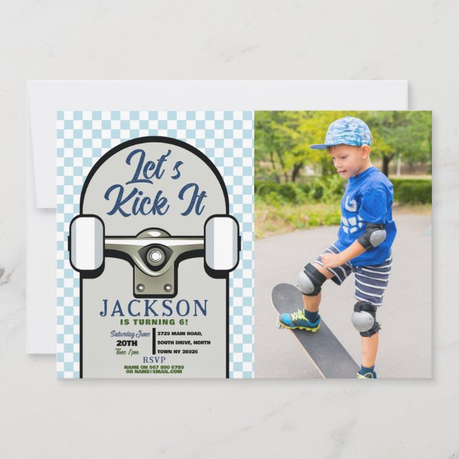 Let's Kick It Skateboard Birthday Boys Blue Photo Invitation (Front)