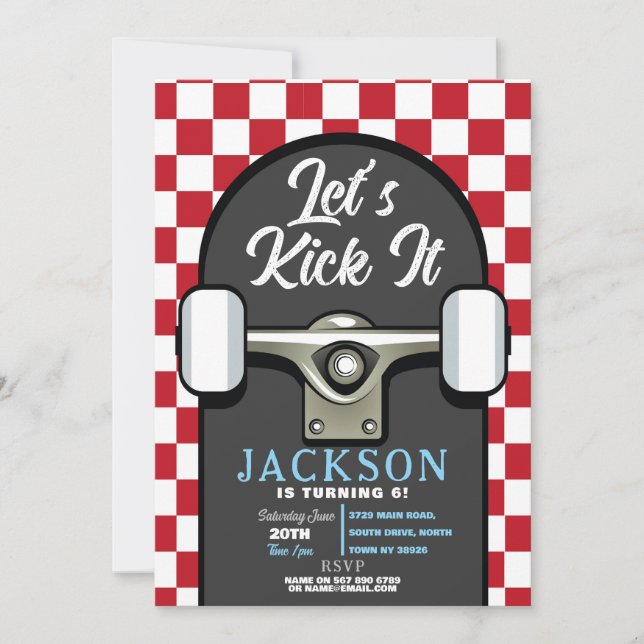 Let's Kick It Skateboard Birthday Boys Red Invitation (Front)