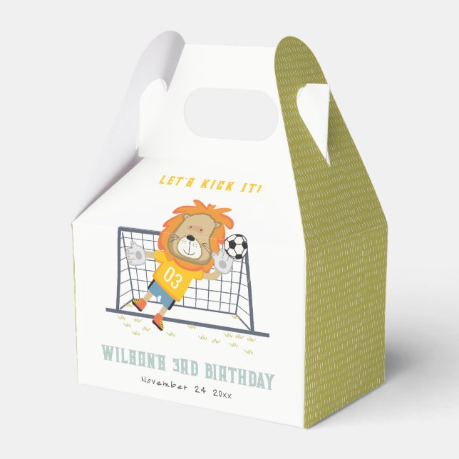 Lets Kick Lion Goalkeeper Soccer Kids Birthday Favour Box (Front Side)