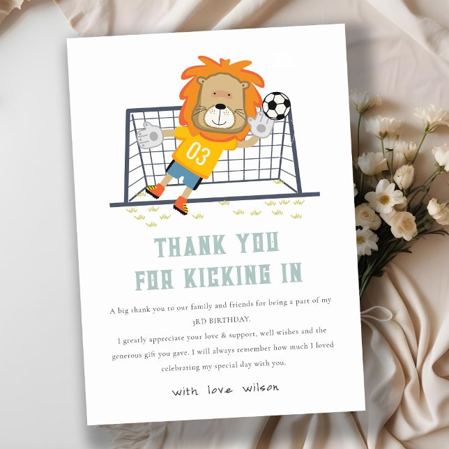 Lets Kick Lion Goalkeeper Soccer Kids Birthday Thank You Card (Creator Uploaded)